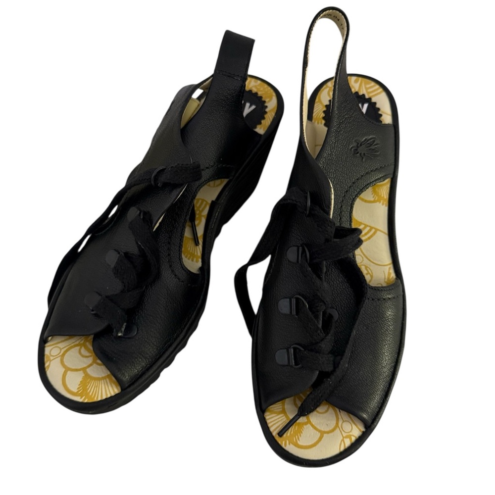 Fly London Yifa Black Leather Lace Up Wedge Sandals, size 41
